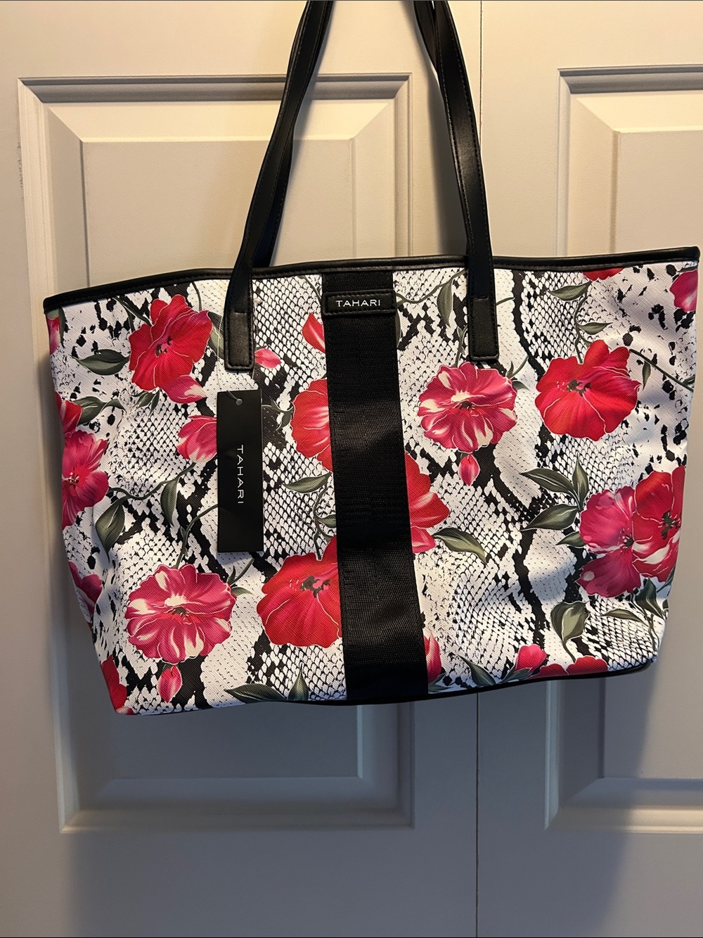 Tahari Black and Red Floral Snake-Print Tote